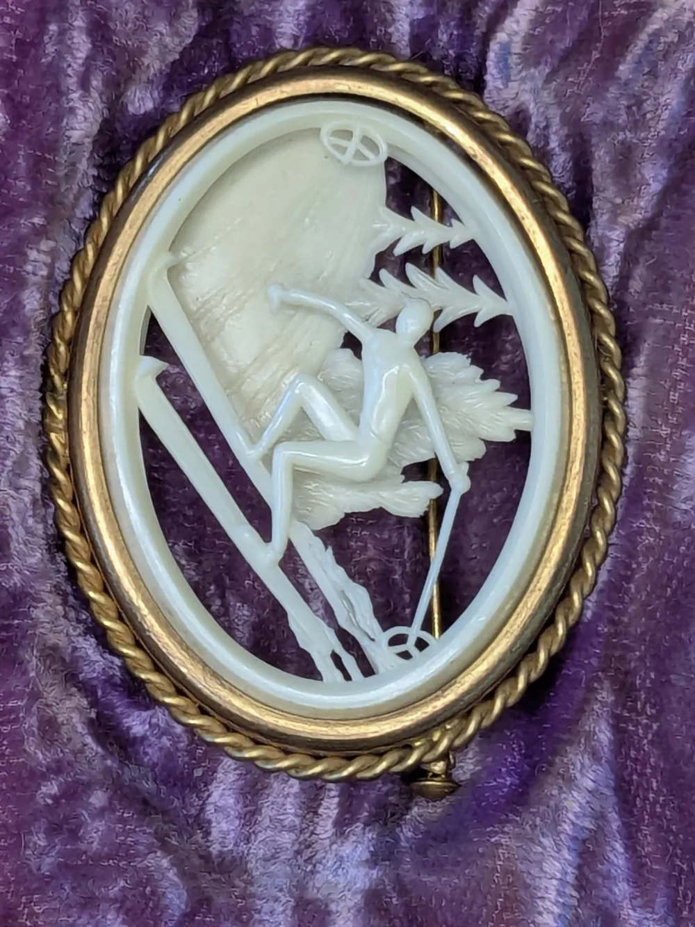 Art Deco Celluloid Carved Ski Brooch Despose France Attleboro Styled By Bliss